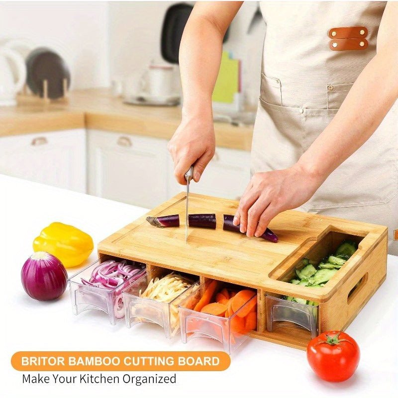 1pc Durable Bamboo Cutting Board With Drawers, With Juice Grooves, Easy - Grip Handles & Food Sliding Opening, Carving Board With Trays For Food Storage, Transport And Cleanup, Essential For Apartments, Gifts For Men Dad Father - Buy That Thang