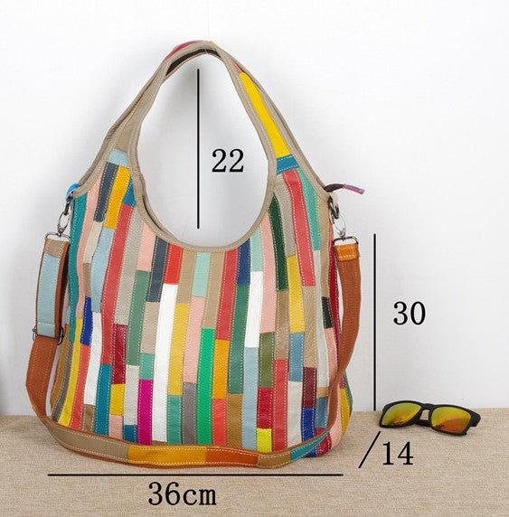 Women Leather with Large Capacity, Stylish Shoulder bag, With Layers Of Color Stripes Casual  One-shoulder Messenger Bag