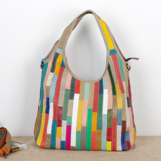 Women Leather with Large Capacity, Stylish Shoulder bag, With Layers Of Color Stripes Casual  One-shoulder Messenger Bag