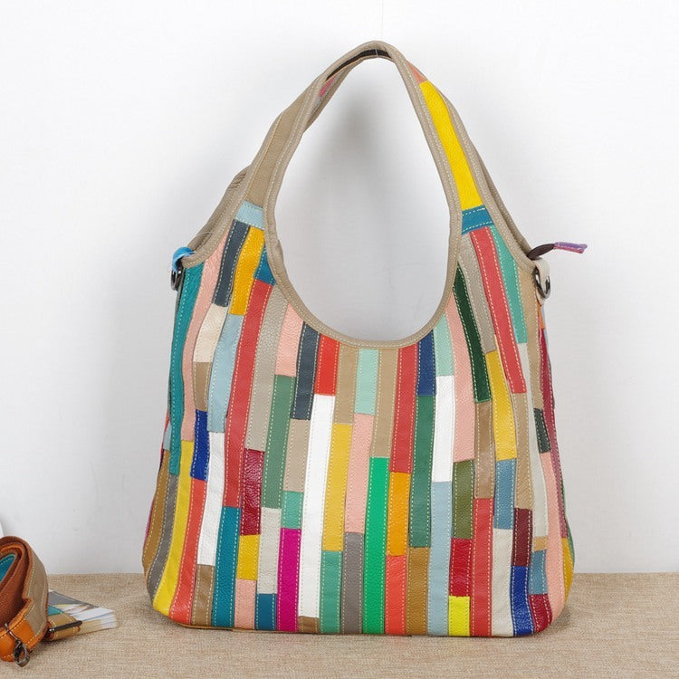 Women Leather with Large Capacity, Stylish Shoulder bag, With Layers Of Color Stripes Casual  One-shoulder Messenger Bag