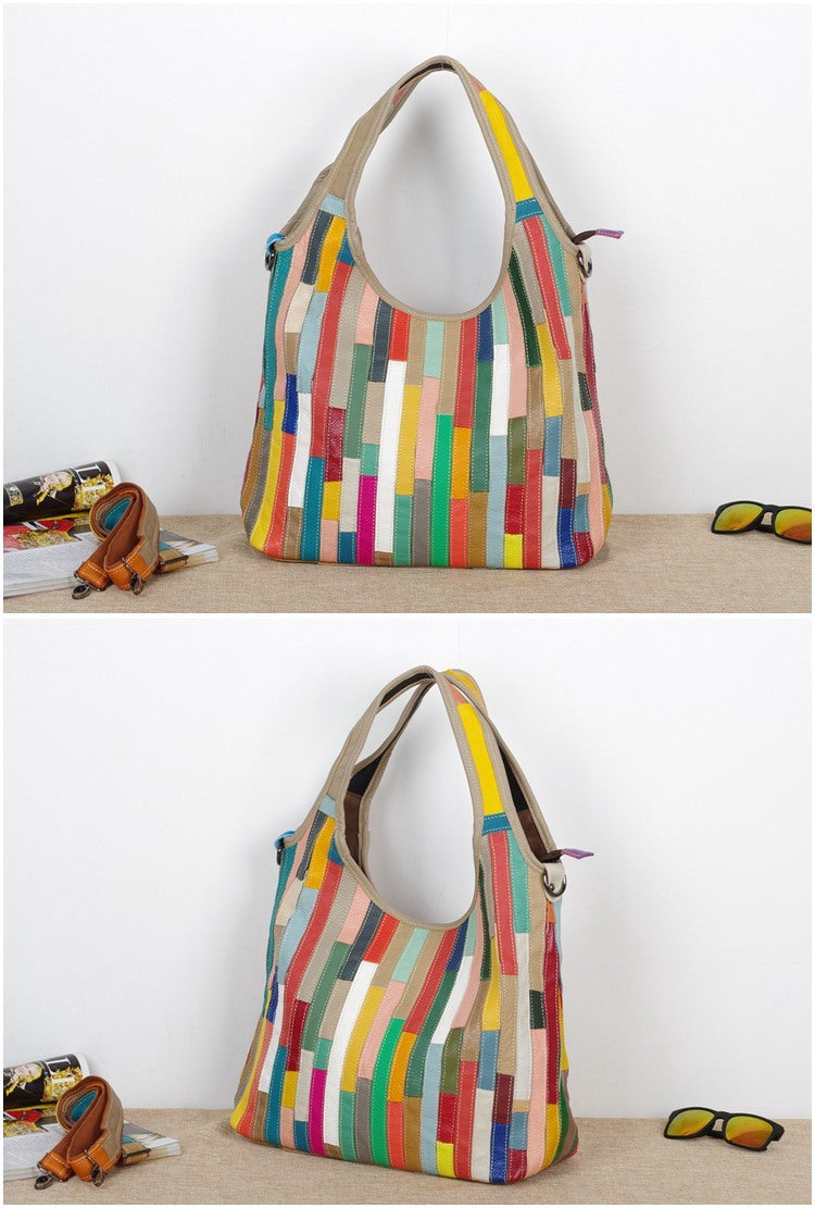 Women Leather with Large Capacity, Stylish Shoulder bag, With Layers Of Color Stripes Casual  One-shoulder Messenger Bag