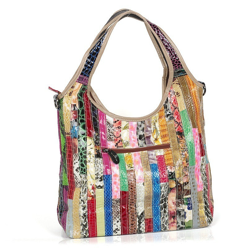 Women Leather with Large Capacity, Stylish Shoulder bag, With Layers Of Color Stripes Casual  One-shoulder Messenger Bag