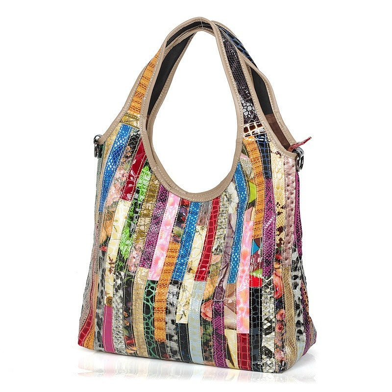 Women Leather with Large Capacity, Stylish Shoulder bag, With Layers Of Color Stripes Casual  One-shoulder Messenger Bag