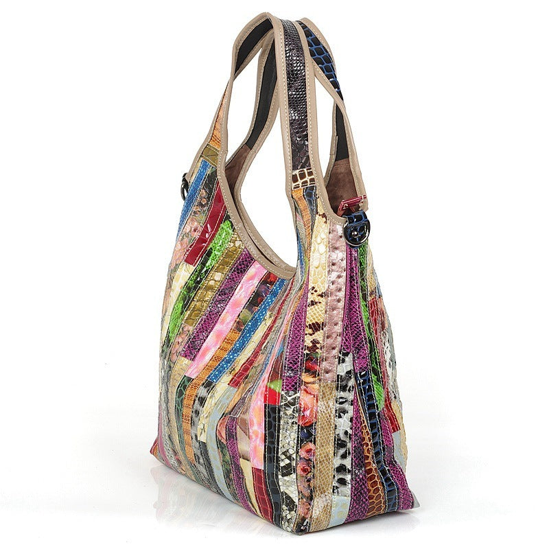 Women Leather with Large Capacity, Stylish Shoulder bag, With Layers Of Color Stripes Casual  One-shoulder Messenger Bag