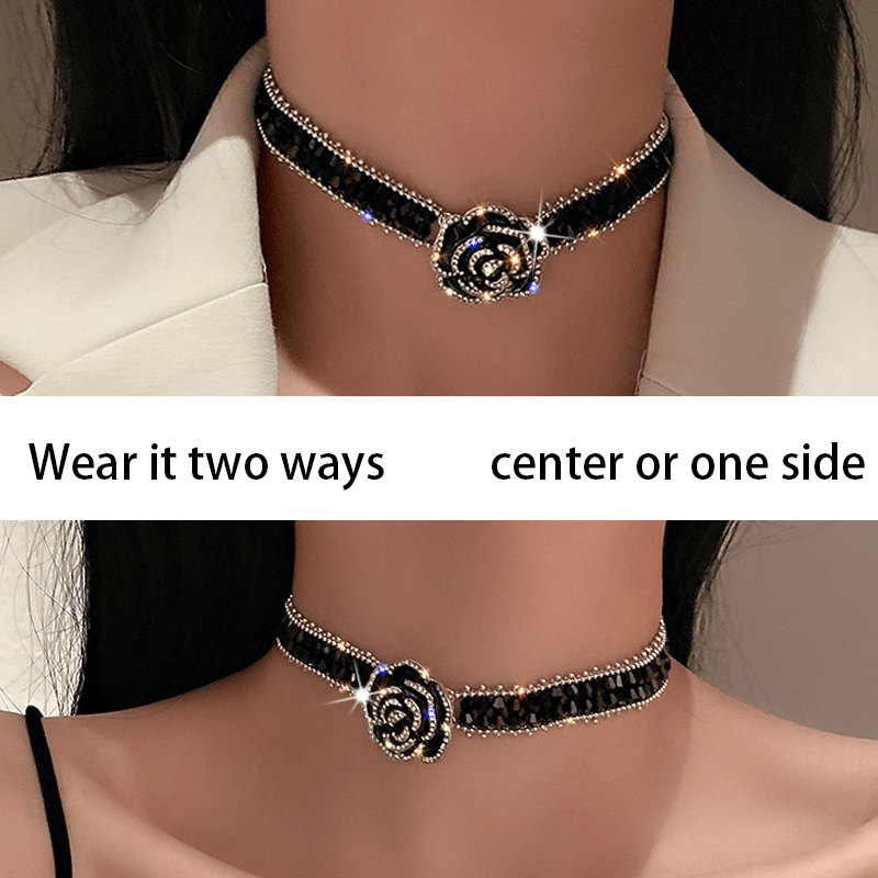 4pcs Elegant Black Rose Jewelry Set for Women, Featuring Shimmering Rhinestones And Beaded Accents, Including a Choker Necklace, Bracelet, And Earrings, Perfect for Special Occasions Or Formal Events, a Thoughtful Gift for Lo