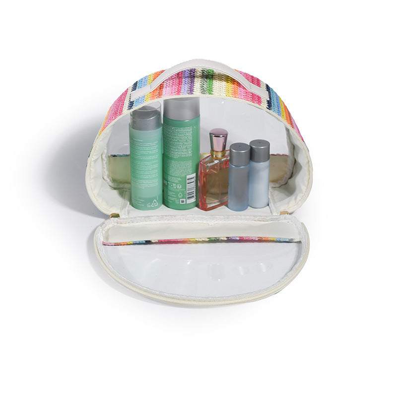 Straw Woven Transparent PVC Semicircle Cosmetic Bag Waterproof Rainbow Woven Toiletries Storage Bag