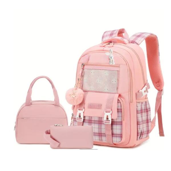 3 Piece Girls Backpack with Lunch Box Kids Girls Cute Bookbag for Girls Kids Teens Elementary Middle High School College Student Casual Travel Daypack Children Schoolbag (Pink)