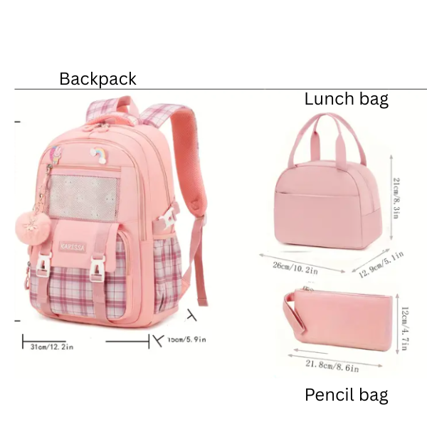 3 Piece Girls Backpack with Lunch Box Kids Girls Cute Bookbag for Girls Kids Teens Elementary Middle High School College Student Casual Travel Daypack Children Schoolbag (Pink)