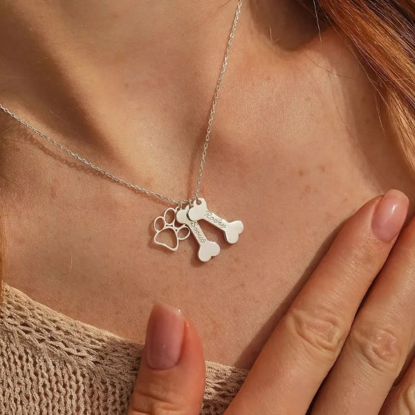 Personalized Engraving Dog Name Bone Necklace Paws Pendant Stainless Steel