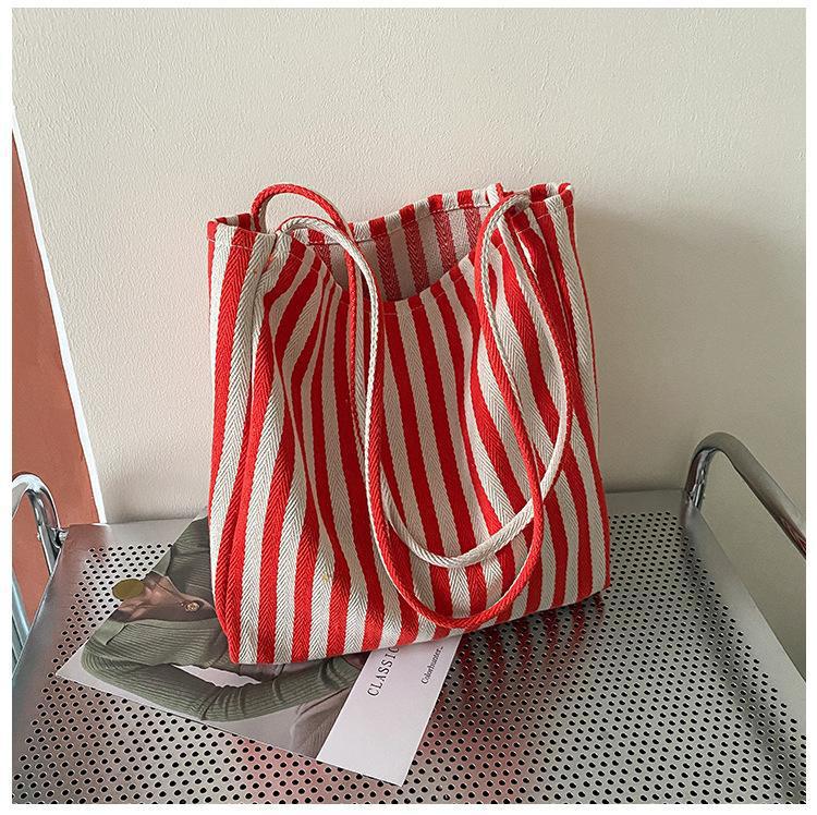 Simple Stripe Canvas Tote Bag for Women, Minimalist Ins Style, Bohemian Casual Fashion, Spring Summer Shopping Bag, Shoulder Handbag, Large Capacity - Buy That Thang