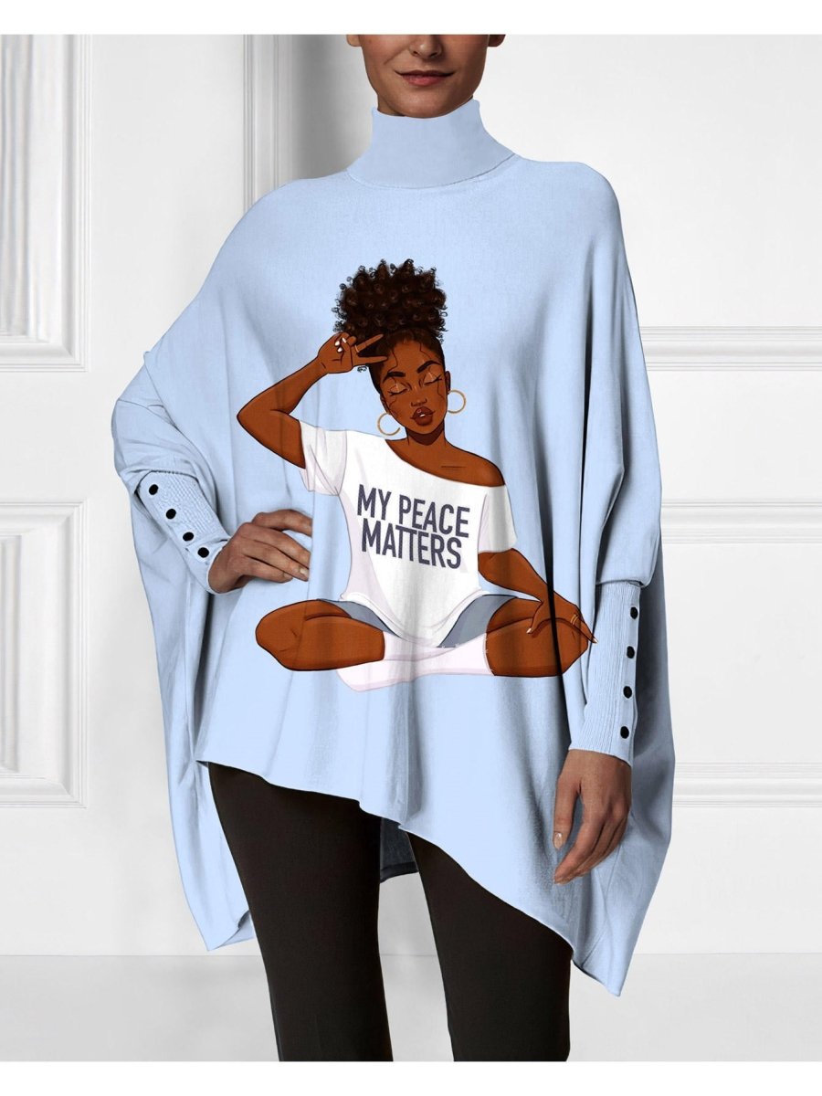 Women's Blue Sexy High - Neck Longline Blouse - Oversized Loose Fit Tunic Top with Black & White Female Figure Print (Peace Matters Slogan), Machine Washable Casual & Professional Wear, All - Season Versatile Shirt, Fall Clothes - Buy That Thang