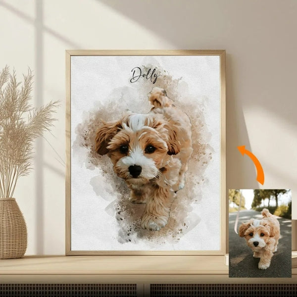 Custom Pet Portrait Canvas – Personalized Dog & Cat Memorial Watercolor Print