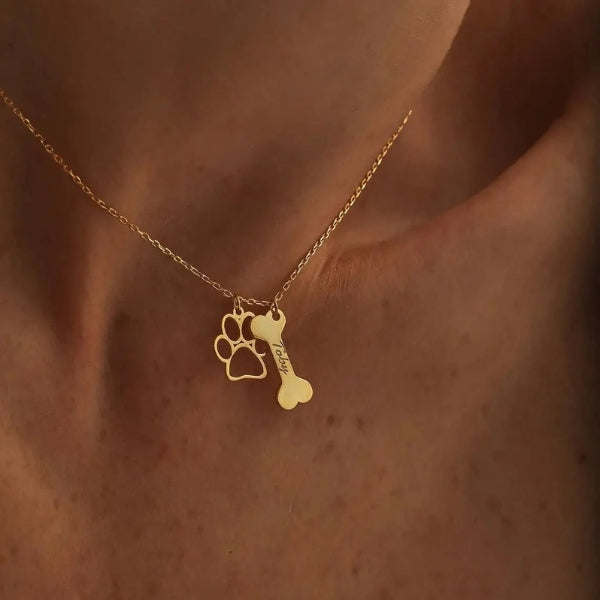 Personalized Engraving Dog Name Bone Necklace Paws Pendant Stainless Steel