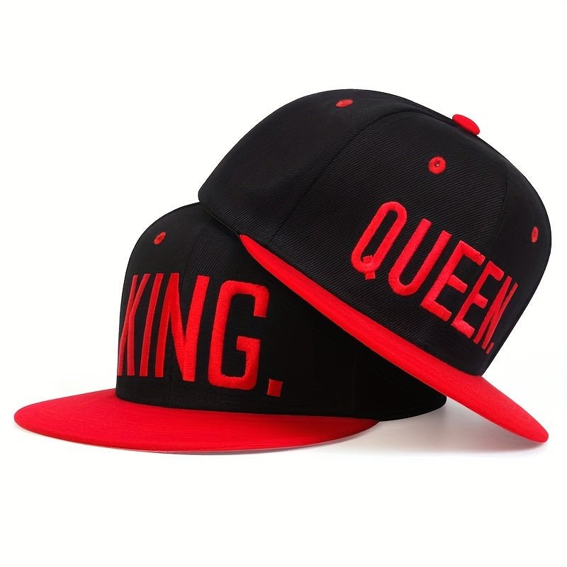 2pcs Matching Couple's King & Queen Baseball Caps - Adjustable Snapback Hats with Bold White Lettering, Black & White Design for Men & Women, Graduation, Valentine's Day, Prom, Casual Attire - Comfortable & Durable Casual Spo - Buy That Thang