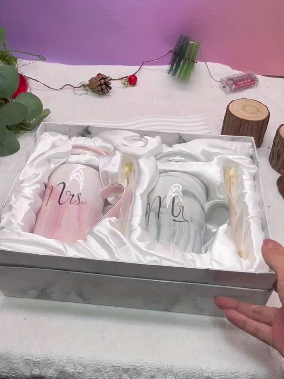 Mr and Mrs Coffee Mugs, Ceramic Marble Cups, Wedding Gifts for Bride and Groom Bridal Shower Engagement Wedding and Married Couples Anniversary, 14 Oz, Pink