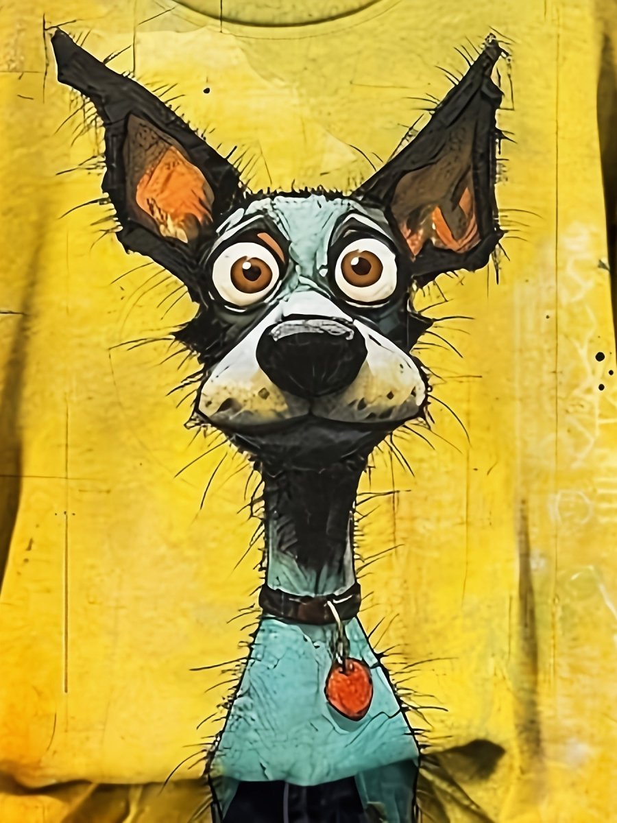 Women'S Casual Long Sleeve Crew Neck Sweatshirt with Playful Chihuahua Print - Vibrant Yellow, Loose Fit, All - Season Comfort, Casual Wear|Playful Print Top|Comfortable Fit - Buy That Thang