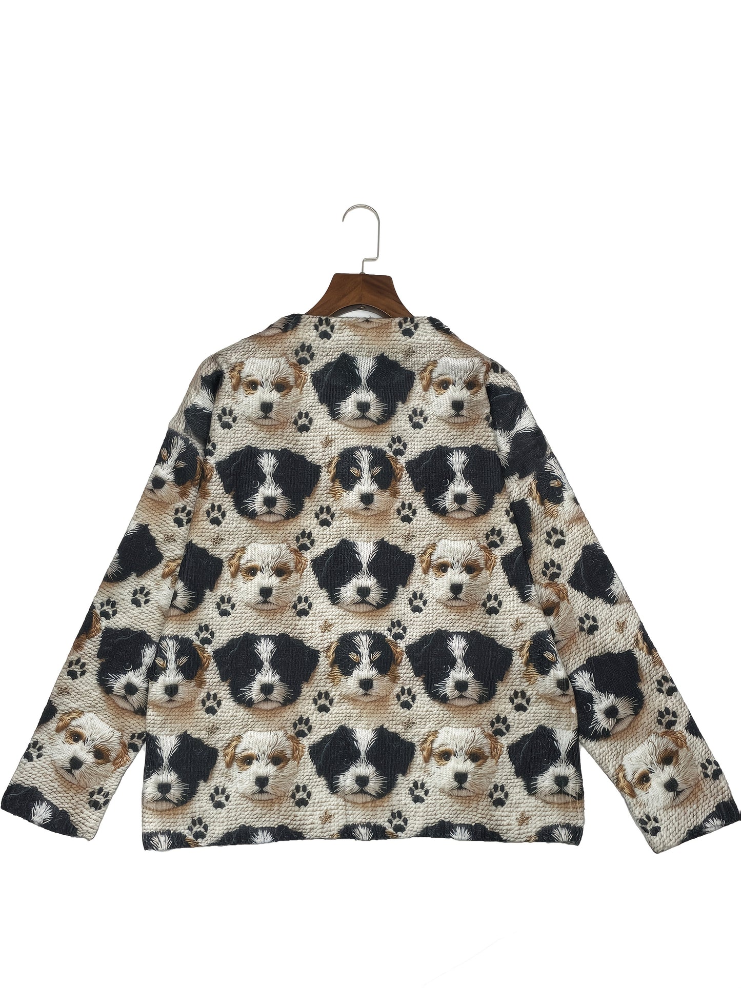 Women'S 3D Printed Cute Puppy Pattern Casual Cardigan - Fashionable Round Neck All-over Print Long Sleeve Coat, Front Button, Soft Fabric Sweater, Lightweight Four-season Outerwear, And Fashionable