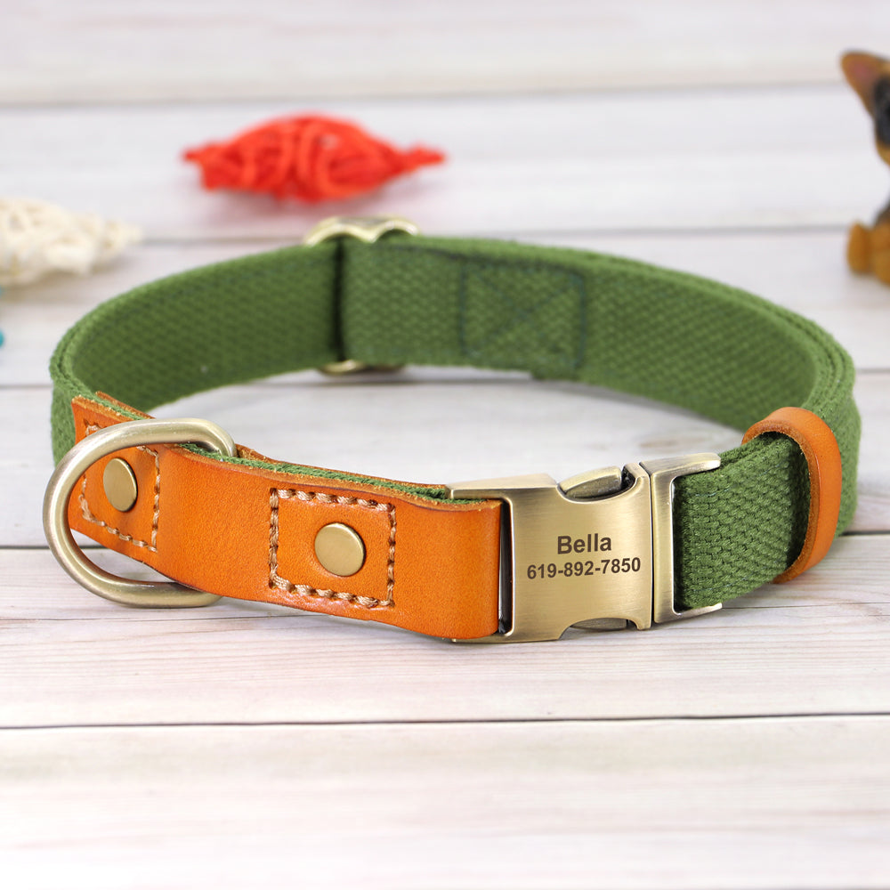 Nylon Custom Dog Puppy Collar Leash Set Personalized Genuine Leather