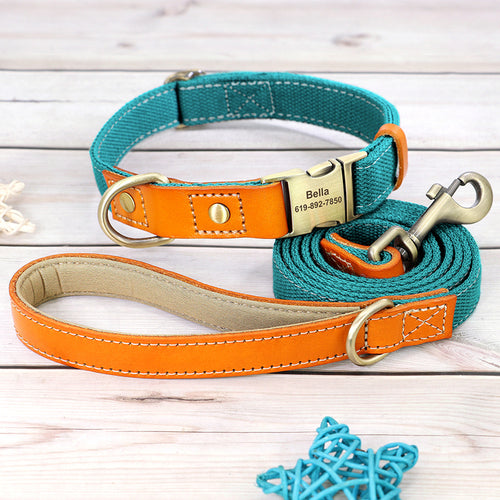 Nylon Custom Dog Puppy Collar Leash Set Personalized Genuine Leather