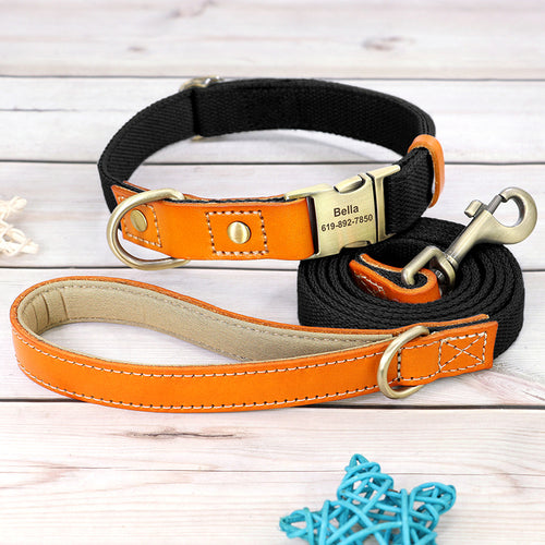 Nylon Custom Dog Puppy Collar Leash Set Personalized Genuine Leather