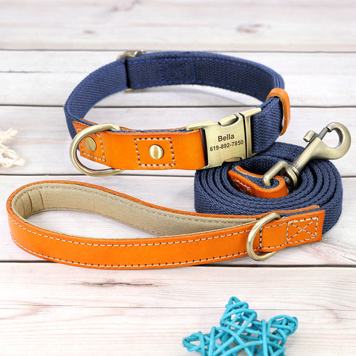 Nylon Custom Dog Puppy Collar Leash Set Personalized Genuine Leather
