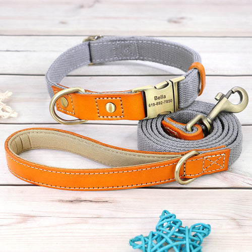 Nylon Custom Dog Puppy Collar Leash Set Personalized Genuine Leather