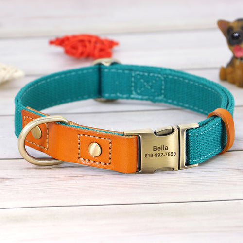 Nylon Custom Dog Puppy Collar Leash Set Personalized Genuine Leather