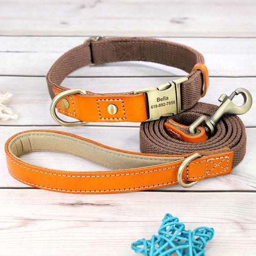 Nylon Custom Dog Puppy Collar Leash Set Personalized Genuine Leather
