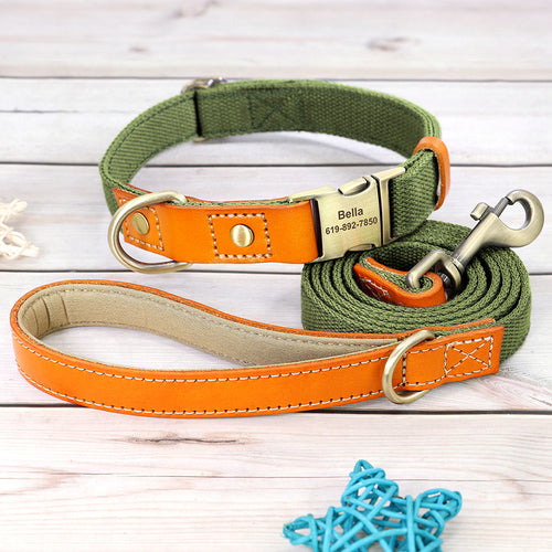 Nylon Custom Dog Puppy Collar Leash Set Personalized Genuine Leather