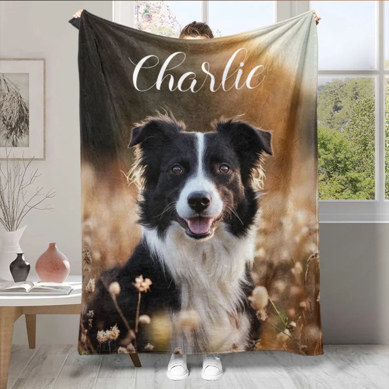 Personalized dog blanket with soft polyester fiber pet portrait. Add Name Only