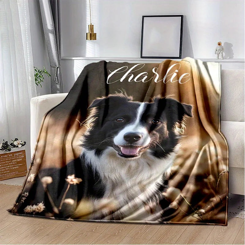 Personalized dog blanket with soft polyester fiber pet portrait. Add Name Only
