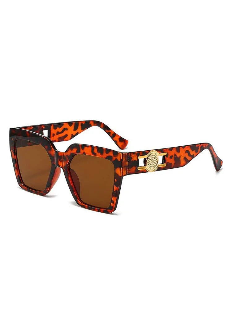 Women's Oversized Square Sunglasses 2026 Trending Black Thick Frame Gradient Purple Lenses Gold Sun Emblem Luxury Inspired UV400 - Buy That Thang