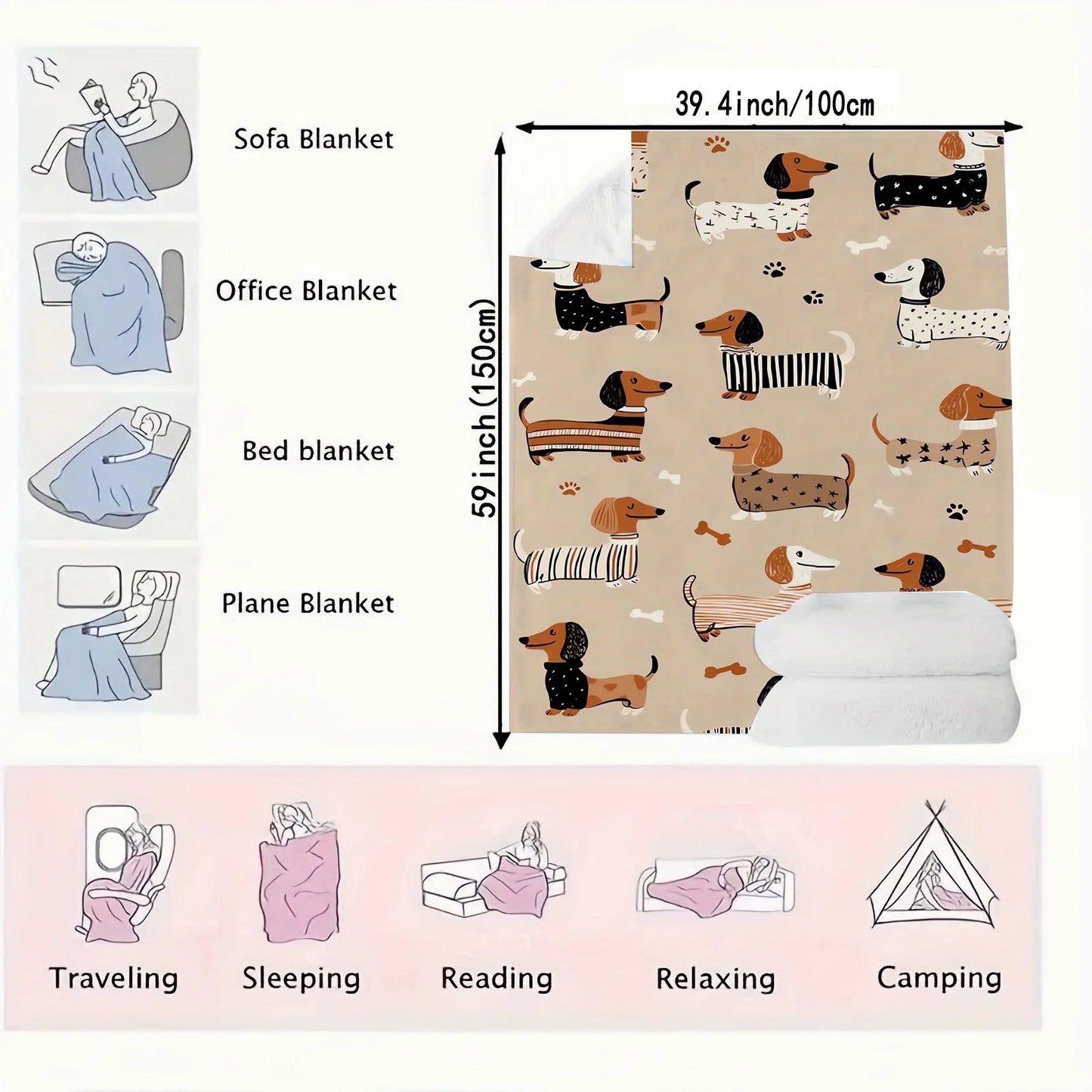1 Dachshund Print Flannel Blanket - Brown, Black, and White Comfortable Dog Pattern for Home or Travel, Suitable for All Seasons