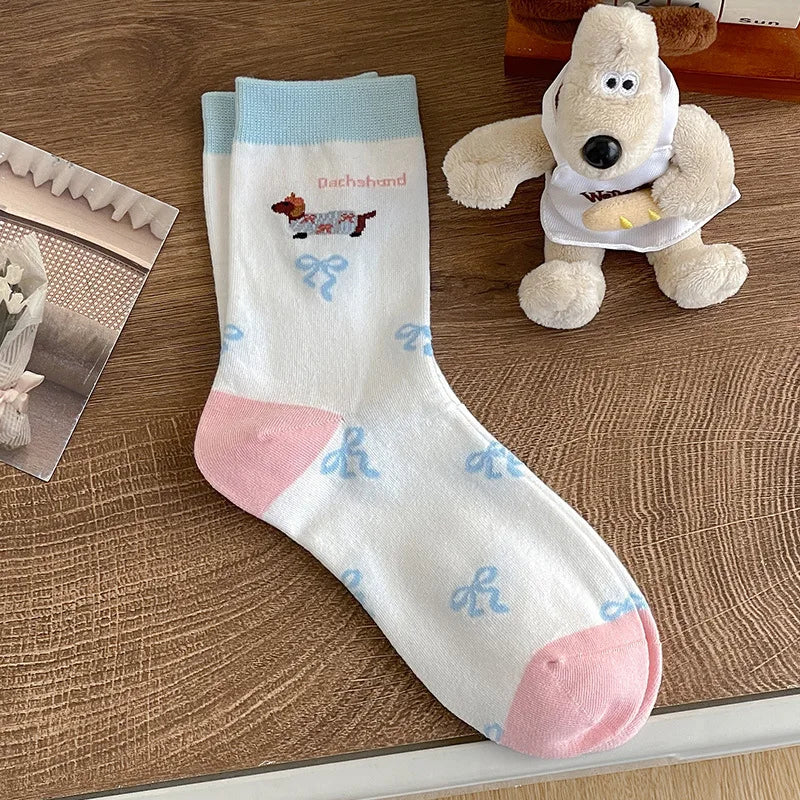 Cartoon Dachshund Women's Mid-Calf Socks Spring Summer Cotton Kawaii Cute Crew Socks Trendy Fashion Novelty Socks for Girls