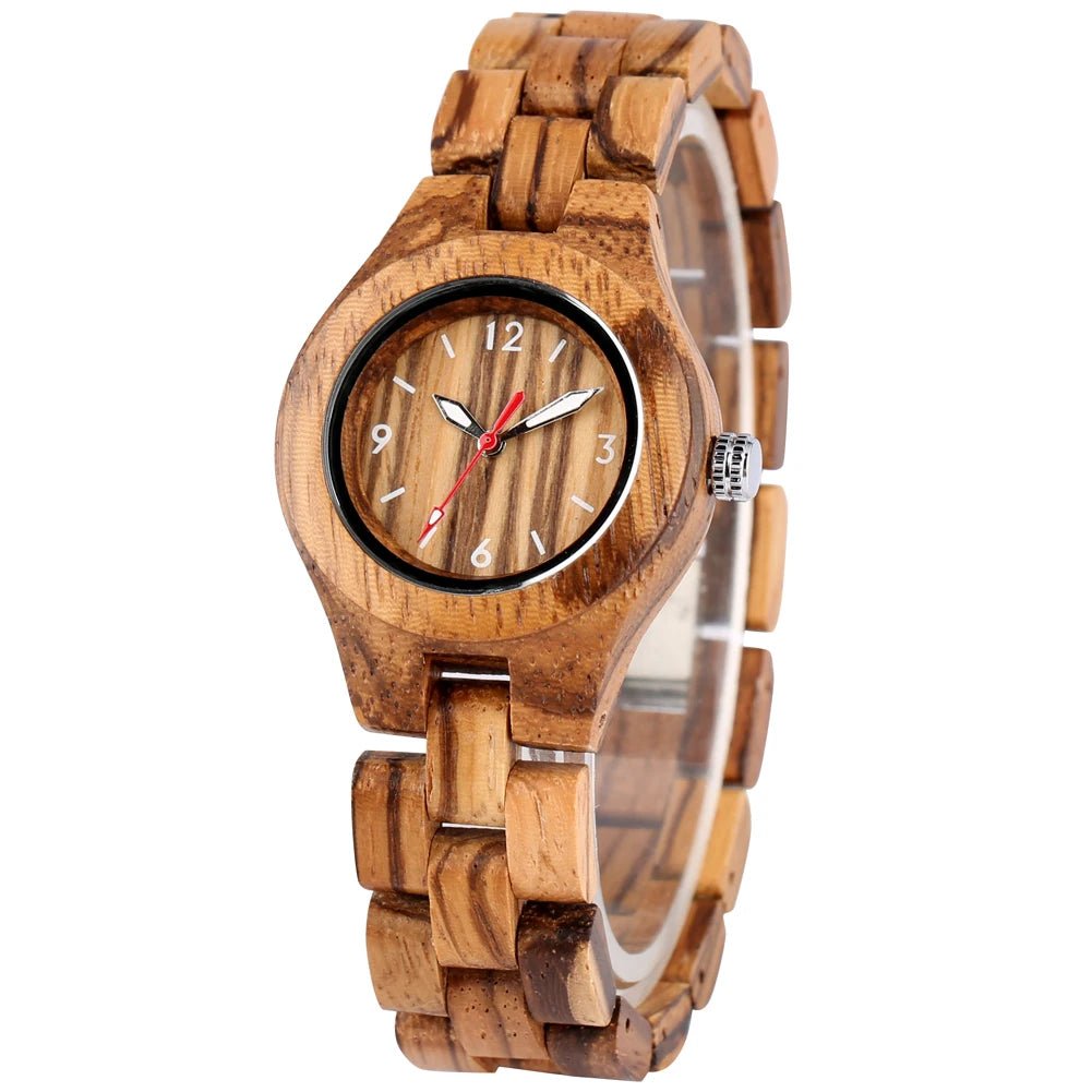 Zebrawood/Bamboo Watch Case Quartz Wristwatches for Women Arabic Numerals Round Dial Wooden Bangle Watch Band Ladies Watch Gift - Buy That Thang