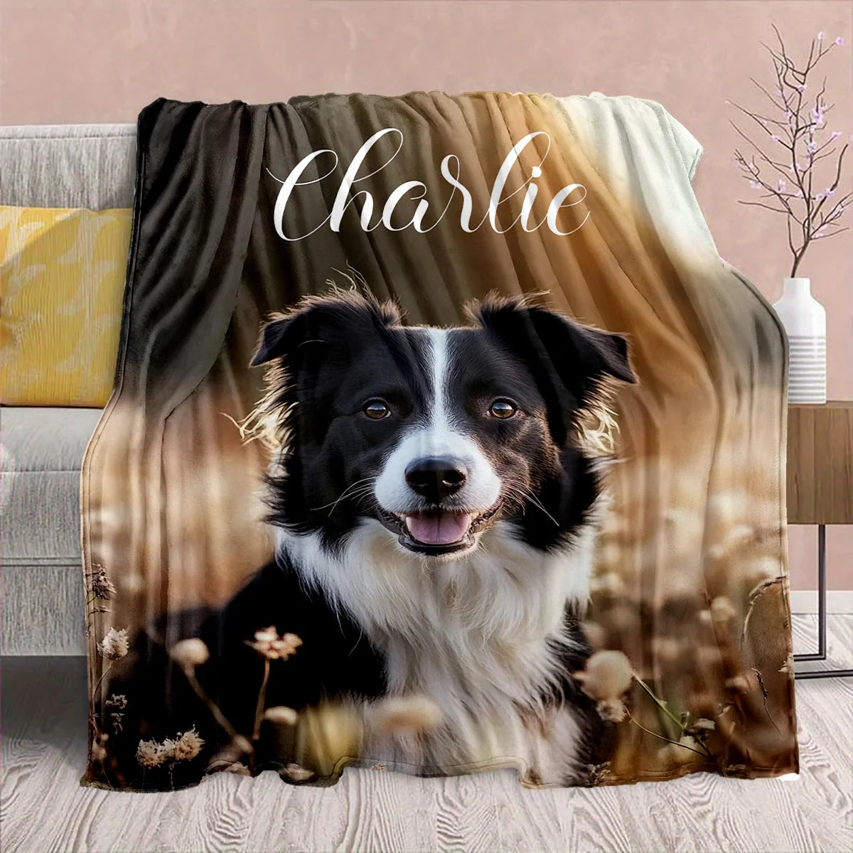 Personalized dog blanket with soft polyester fiber pet portrait. Add Name Only