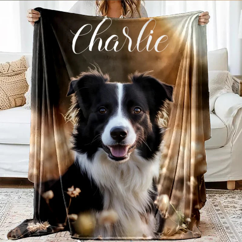 Personalized dog blanket with soft polyester fiber pet portrait. Add Name Only