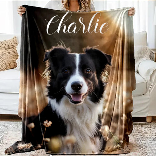 Personalized dog blanket with soft polyester fiber pet portrait. Add Name Only
