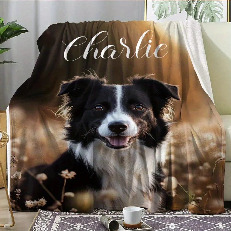 Personalized dog blanket with soft polyester fiber pet portrait. Add Name Only