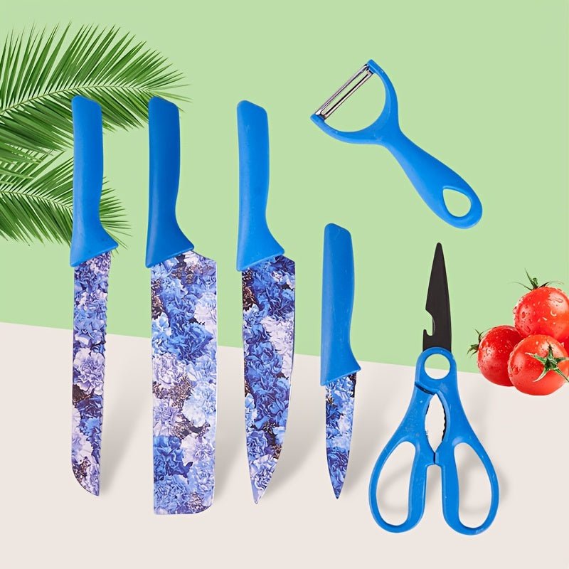 6pcs Jasmine Flower Pattern Kitchen Knife Set Colorful Printing, High Carbon Stainless Steel Blades, Ergonomic Handles, Sharp Meat Cleaver, Serrated Bread Knife, Precise Scissors, Peeler - Perfect Cooking Gifts for Women And - Buy That Thang