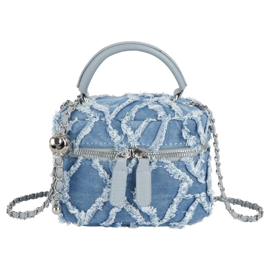 Women Denim Mini Bucket Shoulder Crossbody Bag Zipper Top Handle Quilted Distressed Barrel Shape Satchel Purse Blue - Buy That Thang