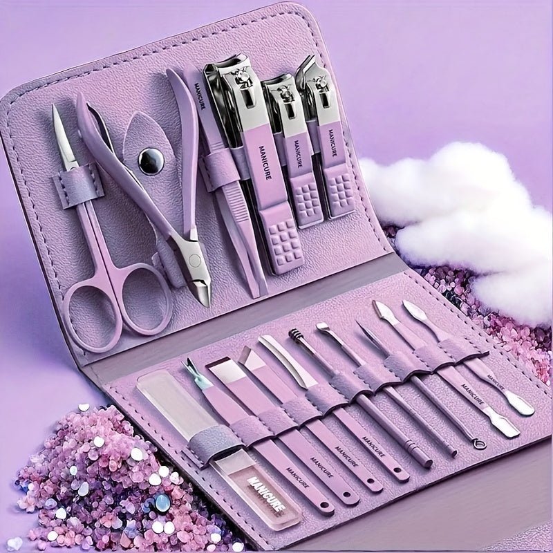 1 Set 16pcs Professional Stainless Steel Nail & Foot Care Set with Straight - Edge Nail Files, Ear Picker, Scissors, Nail Polish Remover, Nail Polish Brushes - Buy That Thang