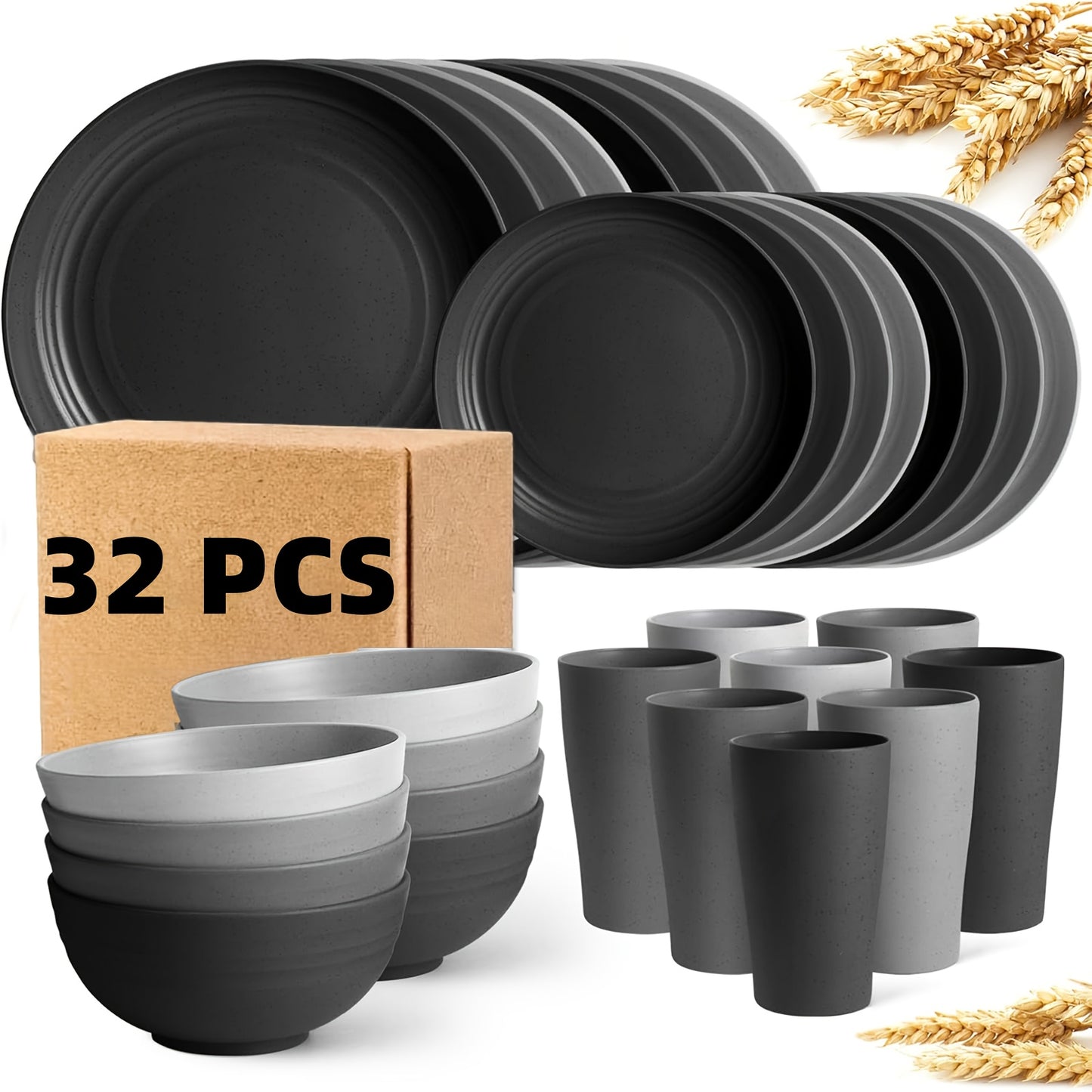16/32pcs Kitchen Wheat Straw Large Size Dinnerware Set, For 4/8, Unbreakable Modern Dish Set Dinner Plate/Dessert Plate/Cereal Bowl/Cup, Dishwasher Safe, Lightweight Tableware, Camping And Everyday Use, Gifts For Men/Women/Ch