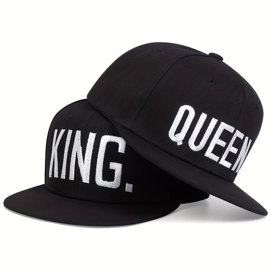 2pcs Matching Couple's King & Queen Baseball Caps - Adjustable Snapback Hats with Bold White Lettering, Black & White Design for Men & Women, Graduation, Valentine's Day, Prom, Casual Attire - Comfortable & Durable Casual Spo - Buy That Thang