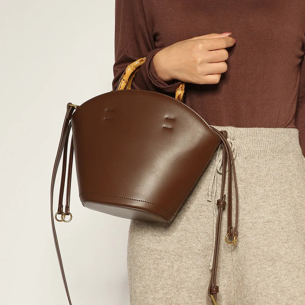 New design bucket bag fashion bamboo handle soft leather women bag single shoulder crossbody bag - Buy That Thang