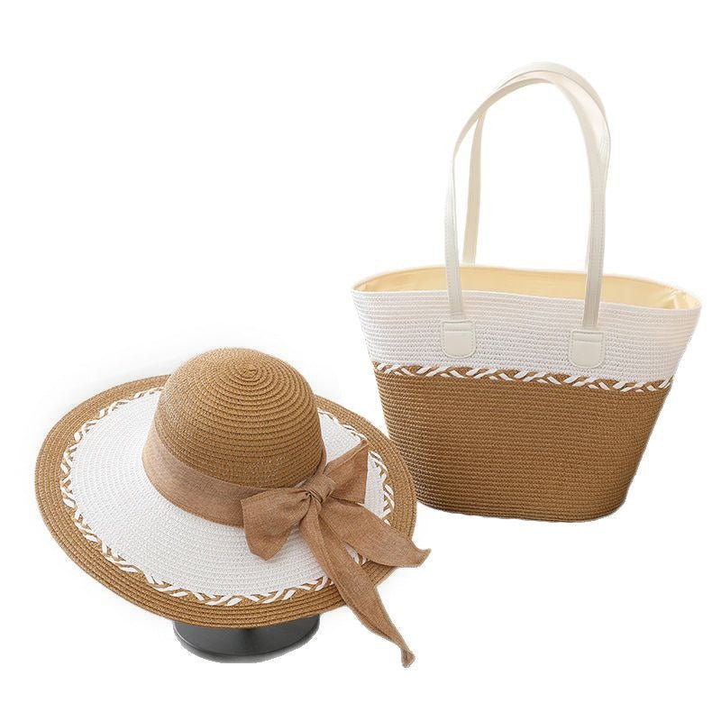 Straw Bag and Hat Set for Women, Beach Vacation, Versatile Sun Protection Wide Brim Hat, Commute Travel Large Capacity Tote Bag - Buy That Thang