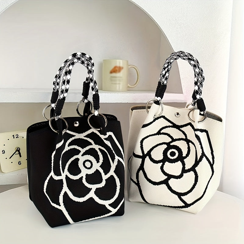Ladies' Floral Knitted Handbag - Made of durable polyester, with a fixed shoulder strap and magnetic closure. The spacious white and black pattern design is suitable for travel, outdoor activities, and daily use - An eterna