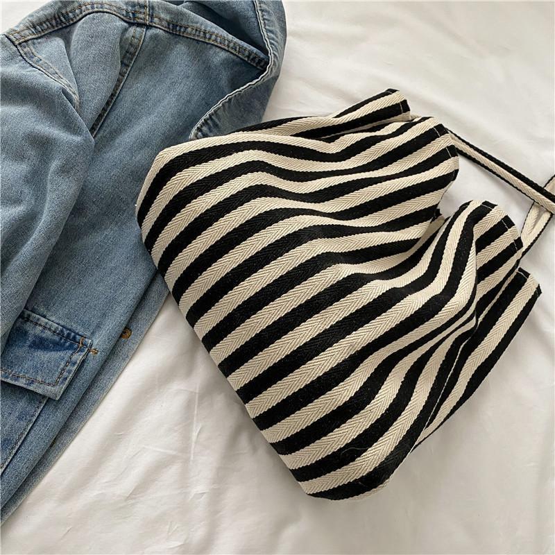 Simple Stripe Canvas Tote Bag for Women, Minimalist Ins Style, Bohemian Casual Fashion, Spring Summer Shopping Bag, Shoulder Handbag, Large Capacity - Buy That Thang