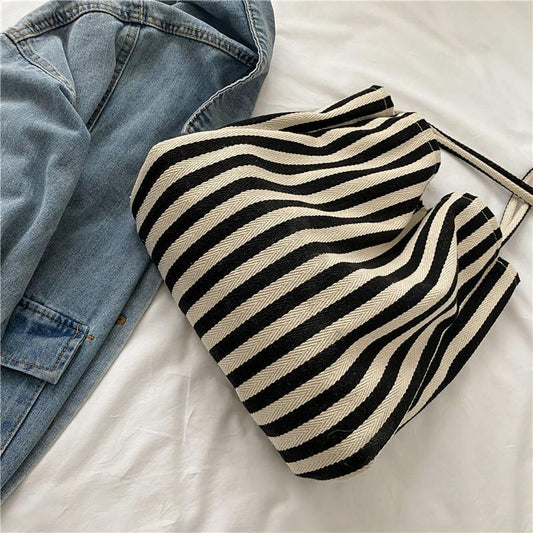 Simple Stripe Canvas Tote Bag for Women, Minimalist Ins Style, Bohemian Casual Fashion, Spring Summer Shopping Bag, Shoulder Handbag, Large Capacity - Buy That Thang