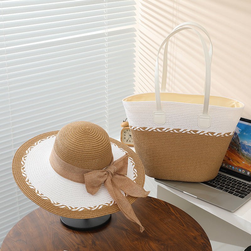 Straw Bag and Hat Set for Women, Beach Vacation, Versatile Sun Protection Wide Brim Hat, Commute Travel Large Capacity Tote Bag - Buy That Thang